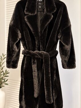 ZARA Black Faux-Fur Teddy Belted Coat